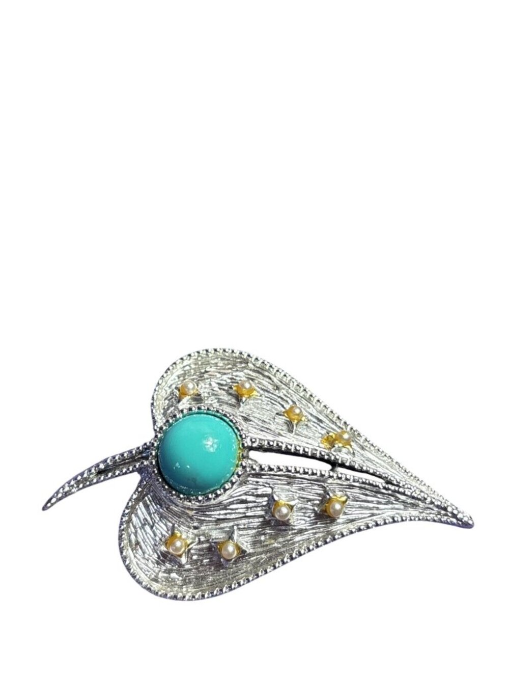 Vintage Silvertone Southwestern Leaf Brooch Teal Cabochon Faux Pearls 2.25 inch